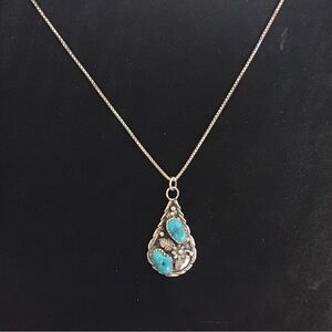 Zuni Or Navajo Sterling and Turquoise Teardrop Feather And Flower 1.25” Pendant